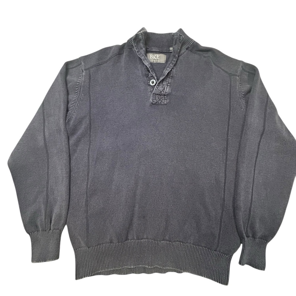 BKE Men's‎ Charcoal Henley Mockneck Sweater XL Qtr Button Distress Finish Indie